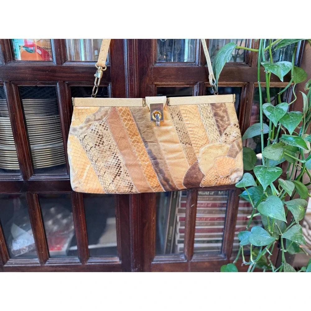 Vintage Snakeskin Patchwork‎ Handbag Gold Frame Exotic Skin Shoulder Bag Tan